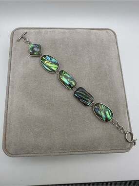 Lucas Lameth 925 Silver Abalone Stone Chain Link Ladies Toggle Bracelet